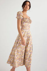 TALLULAH PEONY PRINT FLORAL PUFF SLEEVE MAXI / MIDI DRESS - Beige