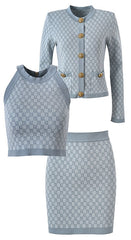 The Camille Luxe Jacquard Three-Piece Mini Skirt Set - Gray, Brown & Blue