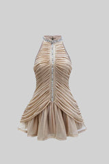 Sleeveless Halter Dress with Pearl Accents