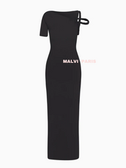 KYLIE MESH SLEEK STRETCH TWIST JET BLACK RUCHED MAXI DRESS - Black