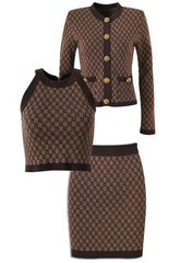 The Camille Luxe Jacquard Three-Piece Mini Skirt Set - Gray, Brown & Blue