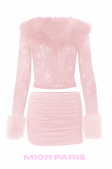 CELIA Faux Fur-Trim Lace Cardigan and skirt set in Blush Pink