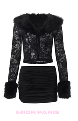CELIA Faux Fur-Trim Lace Cardigan and skirt set in Black