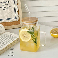 Cute Glass Cup With Bamboo Lid Straw For Coffee Water Milk Tea Juice Portable Glass Bottle Girl Large Drinking Bottle Gift 620ml