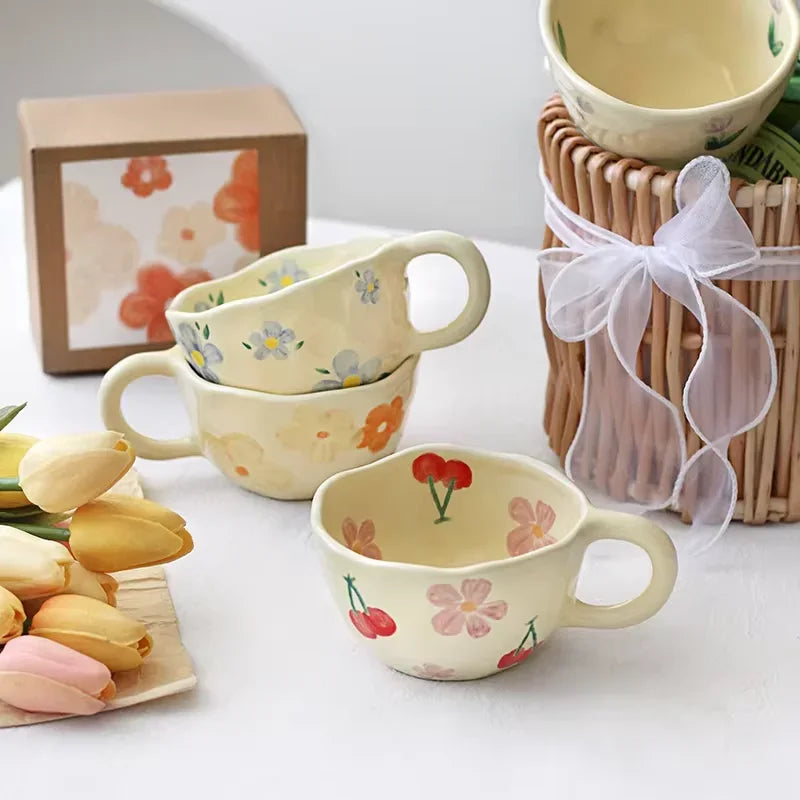 Ceramic Mugs Coffee Cups Hand Painted Irregular Flower Milk Tea Cup Ins Korean Style Oatmeal Breakfast Mug Drinkware Kitchen