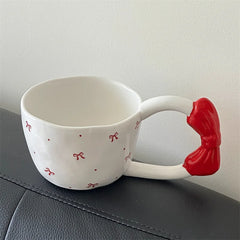 Creative Bow Handle Ceramic Mug Hand Drawn Bow Healing Cartoon Gift Cup Coffe Cup