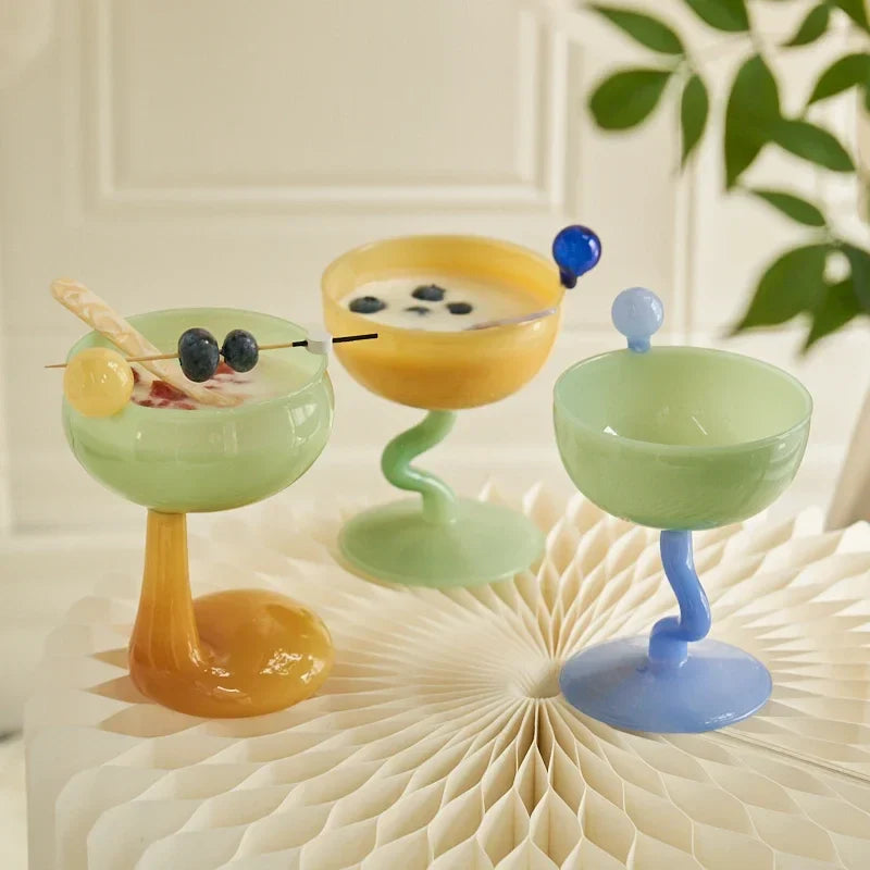 Creative Colorful Glass Goblet Ice Cream Bowl Glass Cup Cold Drink Fruit Tea Dessert Cup Decorative Drinkware Water Bottle