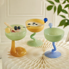Creative Colorful Glass Goblet Ice Cream Bowl Glass Cup Cold Drink Fruit Tea Dessert Cup Decorative Drinkware Water Bottle