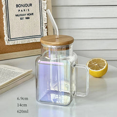 Cute Glass Cup With Bamboo Lid Straw For Coffee Water Milk Tea Juice Portable Glass Bottle Girl Large Drinking Bottle Gift 620ml