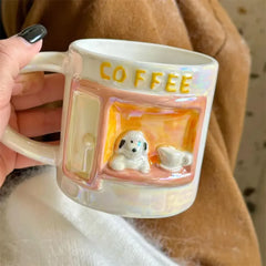 Adorable Relievo Dog Ceramic Mug, Funny Puppy Coffee Cup, Cappuccino Latte Tea Ice Cream Drinkware Gifts Home Kitchen Mugs