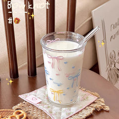 Kawaii Bowknot Glass Coffee Cups With Straw Aesthetic Cute Tumbler 380ml korean Cups For Ice Hot Juice Beer Milk Tea Glasses Cup
