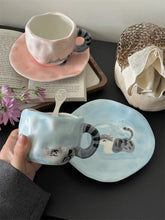 Cute Hand Drawn Cat Hand Drawn Ceramic Coffee Cup Dish Underglaze Color Gift Cup