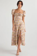 TALLULAH PEONY PRINT FLORAL PUFF SLEEVE MAXI / MIDI DRESS - Beige