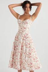 CARMEN ROSE PRINT BUSTIER MIDI DRESS - Pink / white