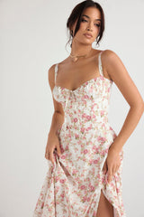 CARMEN ROSE PRINT BUSTIER MIDI DRESS - Pink / white