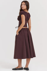 CORA RICH BROWN GATHERED MIDI SKIRT & KITTY WHITE GATHERED TOP SET - Brown
