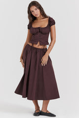 CORA RICH BROWN GATHERED MIDI SKIRT & KITTY WHITE GATHERED TOP SET - Brown