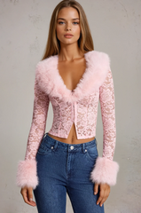 CELIA Faux Fur-Trim Lace Cardigan and skirt set in Blush Pink