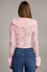 CELIA Faux Fur-Trim Lace Cardigan and skirt set in Blush Pink