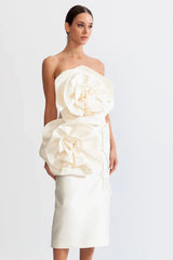 3D VOLUMINOUS FLOWER DESIGN MIDI DRESS - WHITE
