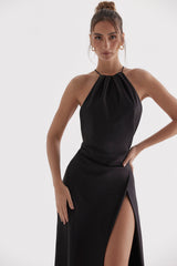 ZANAB BLACK ASYMMETRIC THIGH SLIT MAXI DRESS - Black