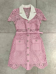 Self-Portrait Pink Rose Lace Mini Dress Collared Short Sleeve Dress for Women