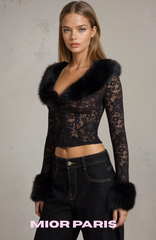 CELIA Faux Fur-Trim Lace Cardigan and skirt set  in Black