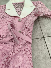 Self-Portrait Pink Rose Lace Mini Dress Collared Short Sleeve Dress for Women