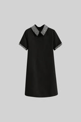 SHORT SLEEVE CLASSIC DRESS WITH JEWEL COLLAR - BLACK