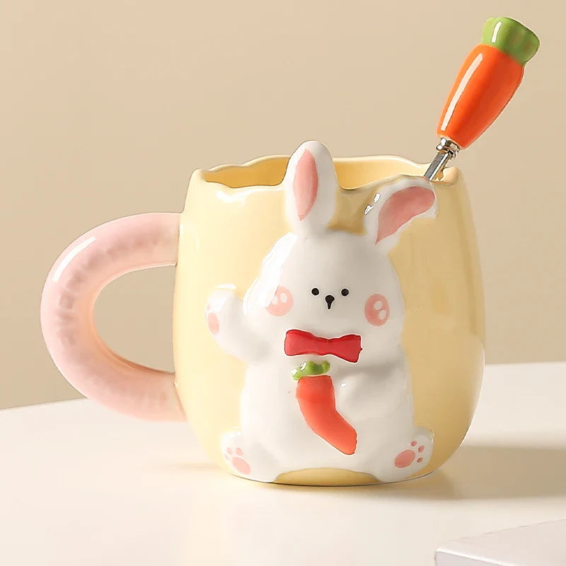 Creative Relief Rabbit Ceramic Mug Drinking Cup Super Nice Couple Cute Cartoon Coffee Cup Kitchen Breakfast Milk Cup Tableware.