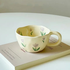 Ceramic Mugs Coffee Cups Hand Painted  Irregular Flower Milk Tea Cup Ins Korean Style Oatmeal Breakfast Mug Drinkware Kitchen