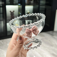 Delicate Clear Glass Cup Bow Coffee Mug Home Pearl Fruit Salad Dessert Cup Tall Breakfast Oatmeal Milk Mug Ice Cream Glass Bowl