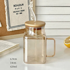Cute Glass Cup With Bamboo Lid Straw For Coffee Water Milk Tea Juice Portable Glass Bottle Girl Large Drinking Bottle Gift 620ml