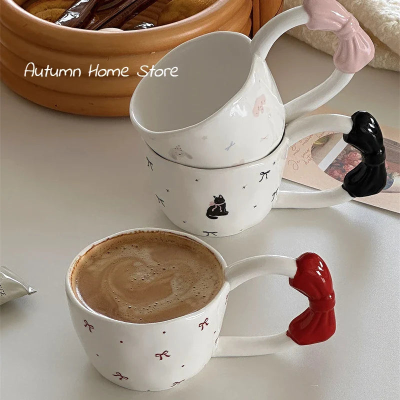Creative Bow Handle Ceramic Mug Hand Drawn Bow Healing Cartoon Gift Cup Coffe Cup