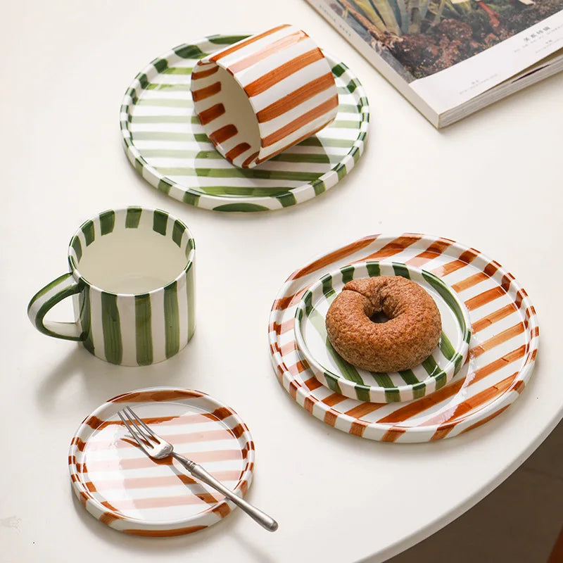 200ml Hand Drawn Striped Ceramic Mug Office Coffee Cup with Cups and Plate Set Breakfast Milk Mugs Afternoon Tea Dessert Plate