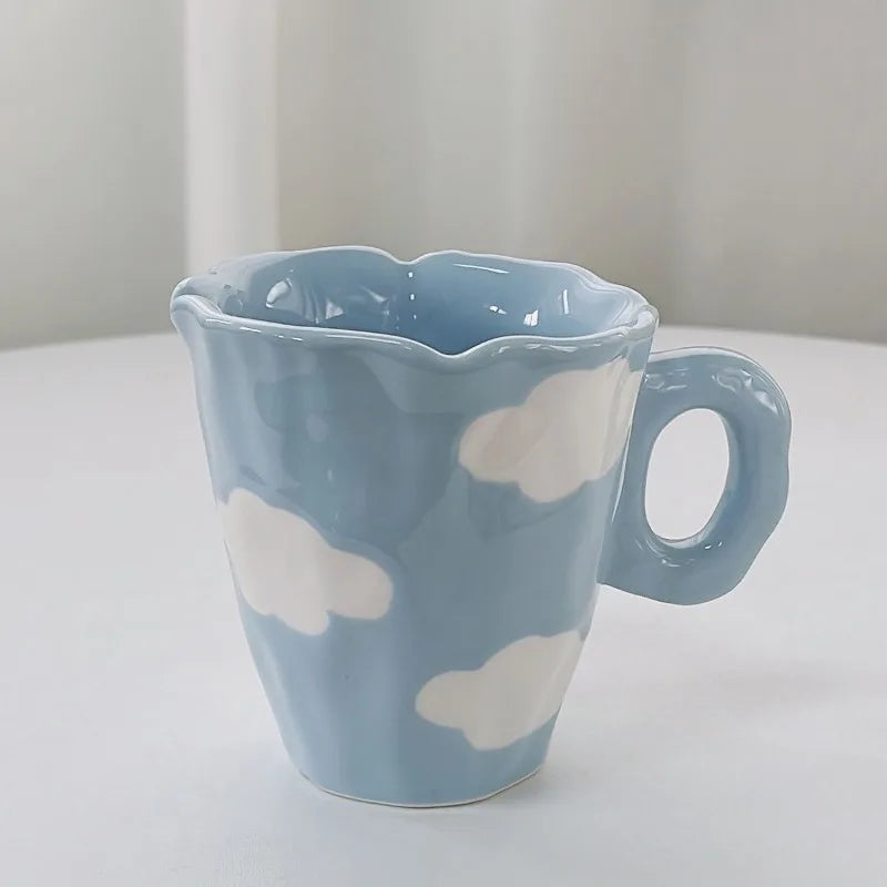 320ML Blue Cloud Hand Pinch Mug, Underglaze Color Ceramic Milk Coffee Cup, Office Drinking Ceramic Couple Breakfast Student Gift