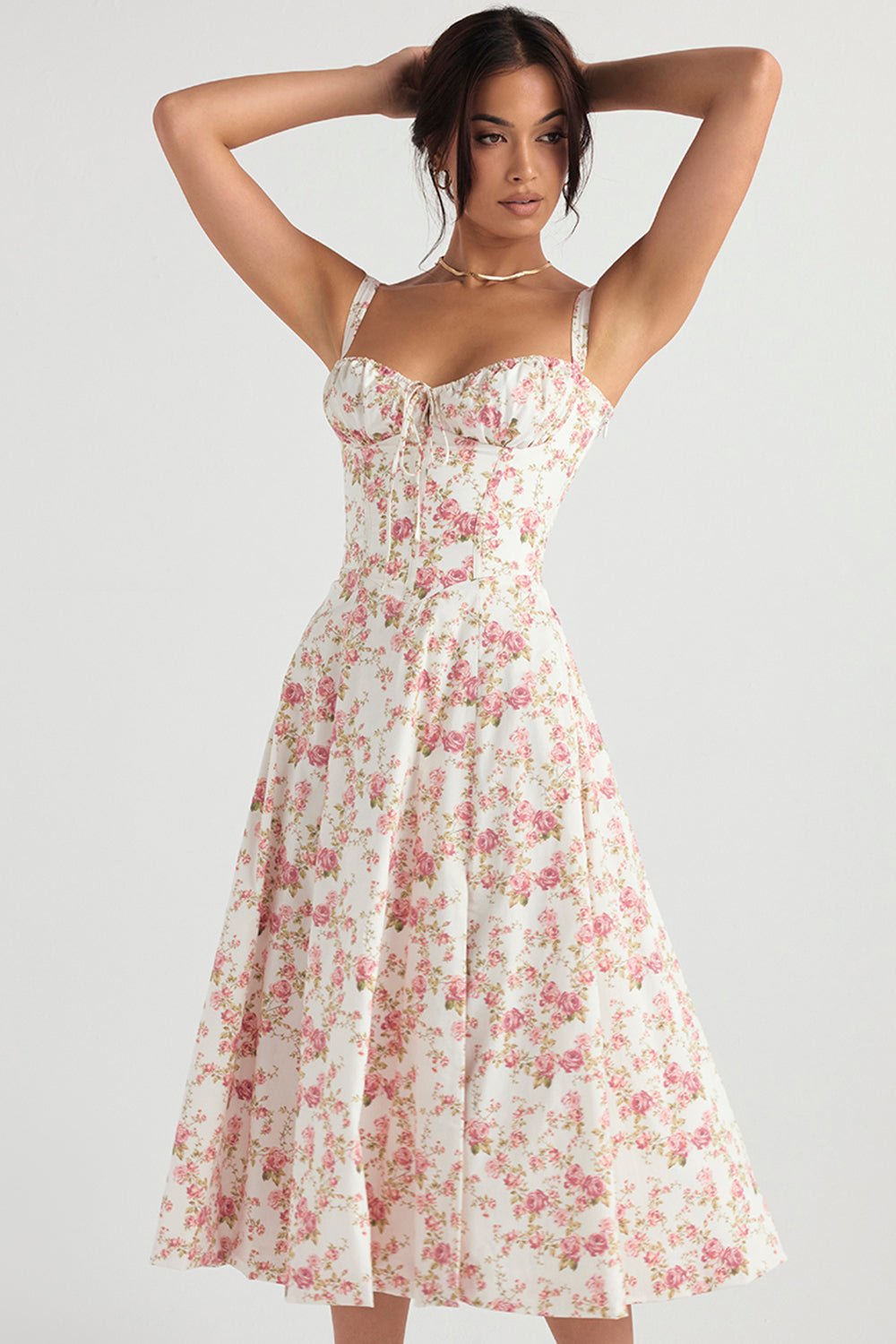 CARMEN ROSE PRINT BUSTIER MIDI DRESS  - Pink / white