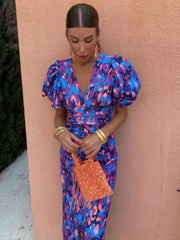 Milviana – Statement Print Midi Dress with Pleated Details