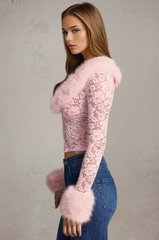 CELIA Faux Fur-Trim Lace Cardigan and skirt set  in Blush  Pink